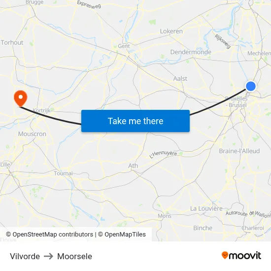 Vilvorde to Moorsele map