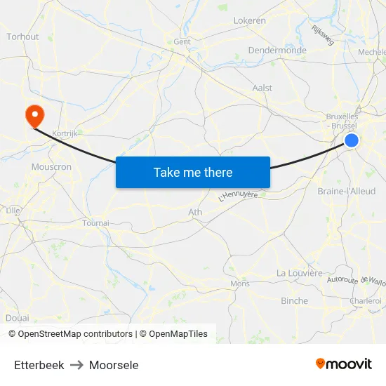 Etterbeek to Moorsele map