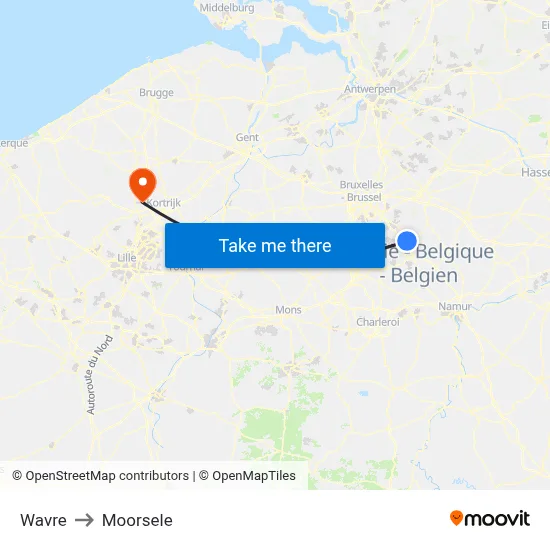 Wavre to Moorsele map
