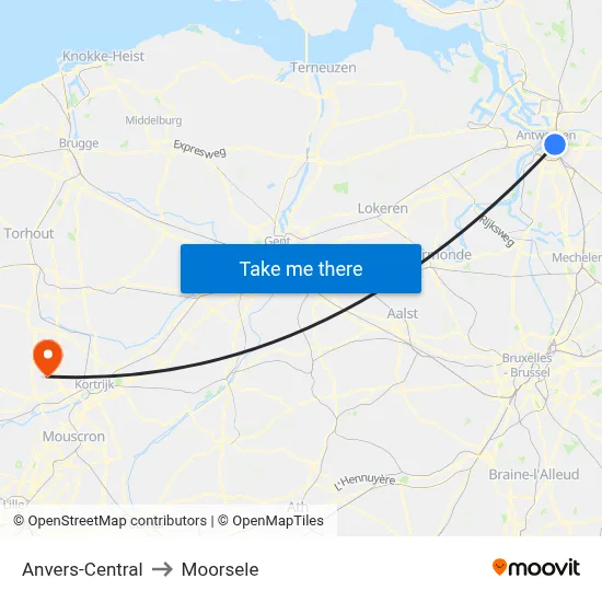 Anvers-Central to Moorsele map