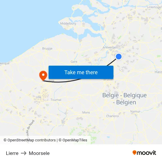 Lierre to Moorsele map