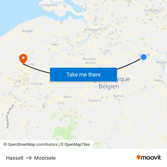 Hasselt to Moorsele map