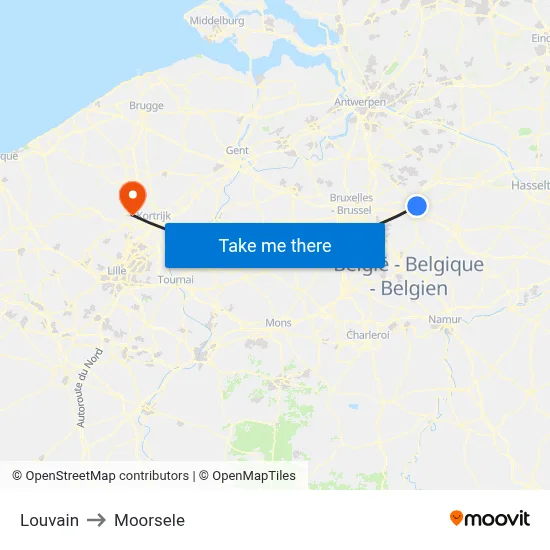 Louvain to Moorsele map