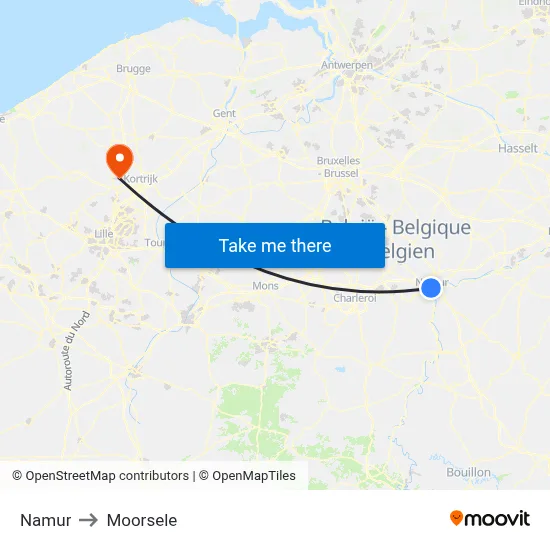 Namur to Moorsele map