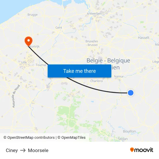 Ciney to Moorsele map