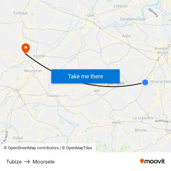 Tubize to Moorsele map