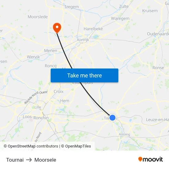 Tournai to Moorsele map