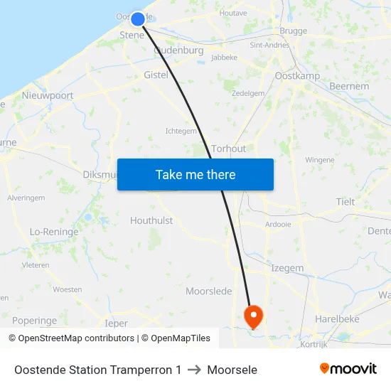 Oostende Station Tramperron 1 to Moorsele map