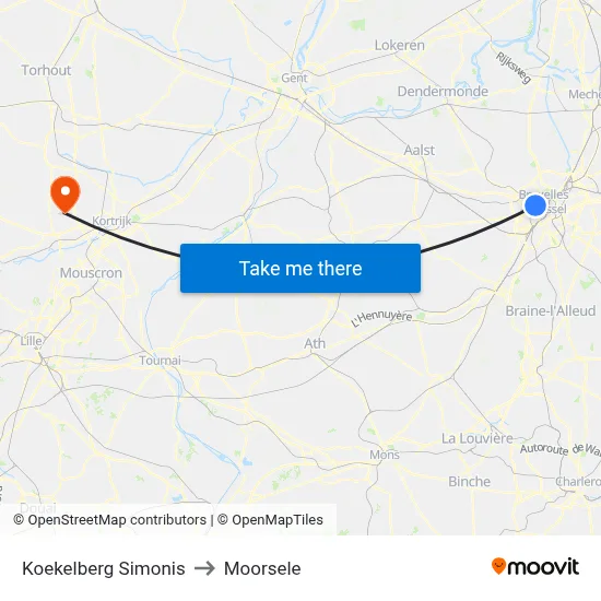 Koekelberg Simonis to Moorsele map