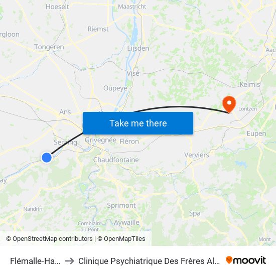 Flémalle-Haute to Clinique Psychiatrique Des Frères Alexiens map