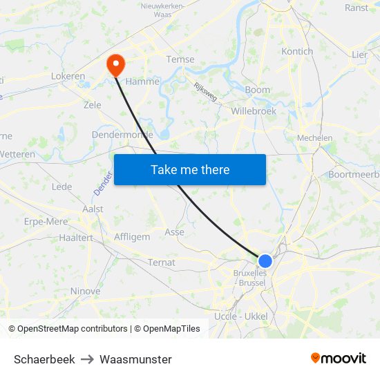 Schaerbeek to Waasmunster map