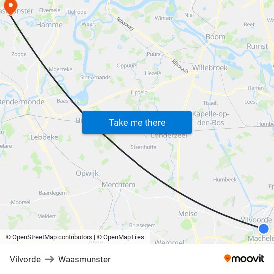 Vilvorde to Waasmunster map