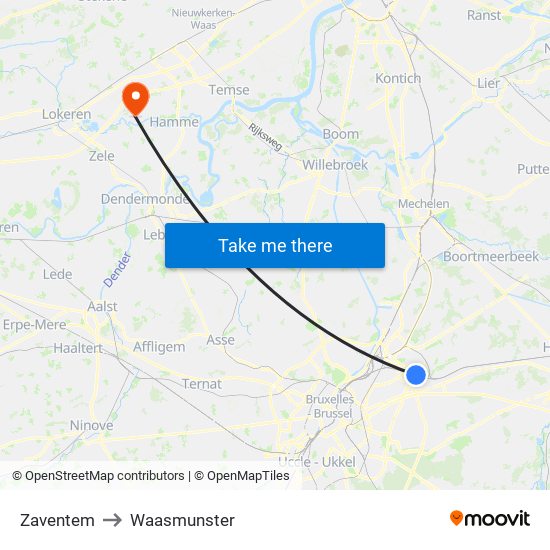 Zaventem to Waasmunster map