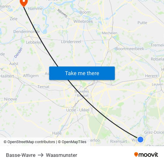 Basse-Wavre to Waasmunster map