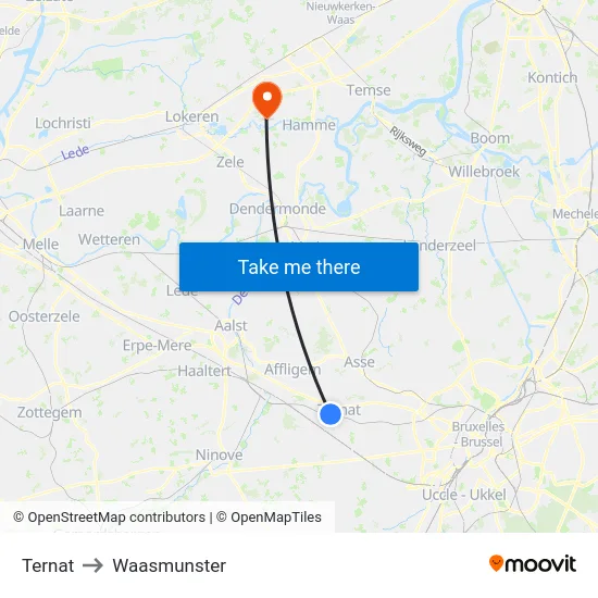 Ternat to Waasmunster map