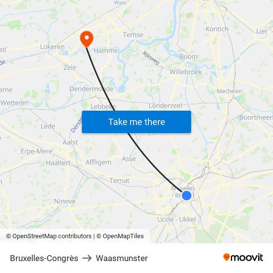 Bruxelles-Congrès to Waasmunster map