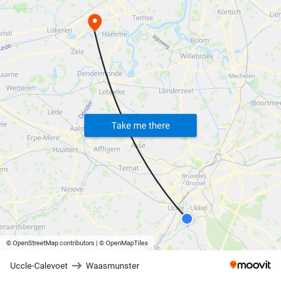 Uccle-Calevoet to Waasmunster map