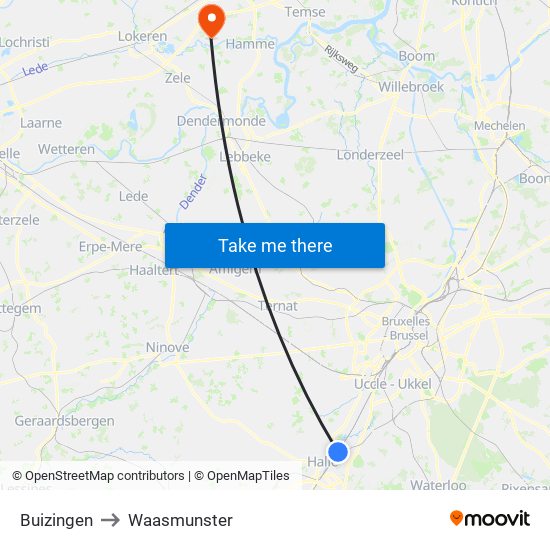 Buizingen to Waasmunster map