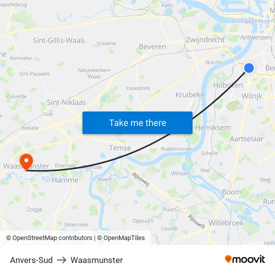 Anvers-Sud to Waasmunster map