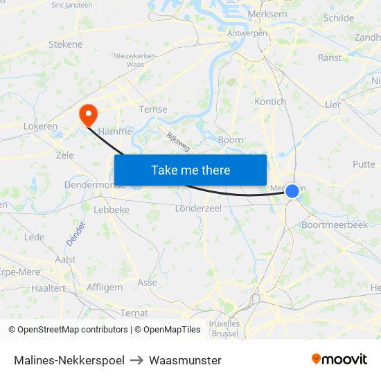 Malines-Nekkerspoel to Waasmunster map
