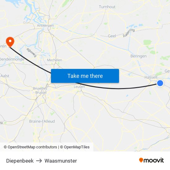 Diepenbeek to Waasmunster map