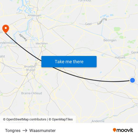 Tongres to Waasmunster map