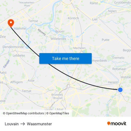 Louvain to Waasmunster map