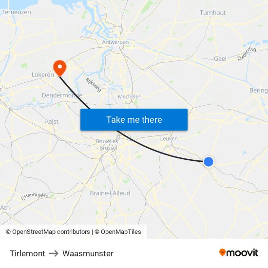 Tirlemont to Waasmunster map