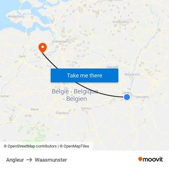 Angleur to Waasmunster map