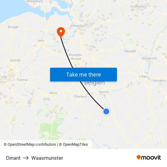 Dinant to Waasmunster map