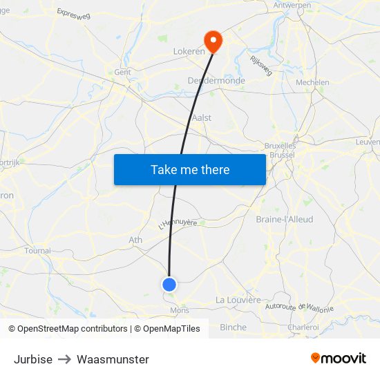 Jurbise to Waasmunster map