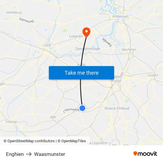 Enghien to Waasmunster map