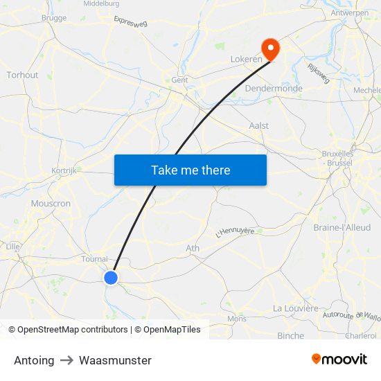 Antoing to Waasmunster map
