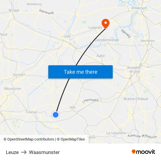 Leuze to Waasmunster map