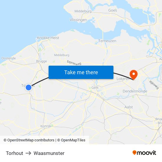 Torhout to Waasmunster map