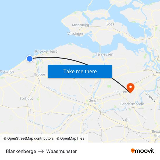 Blankenberge to Waasmunster map