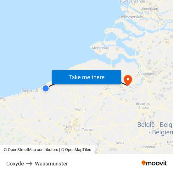 Coxyde to Waasmunster map