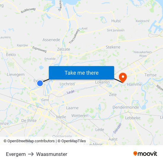 Evergem to Waasmunster map