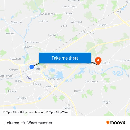 Lokeren to Waasmunster map