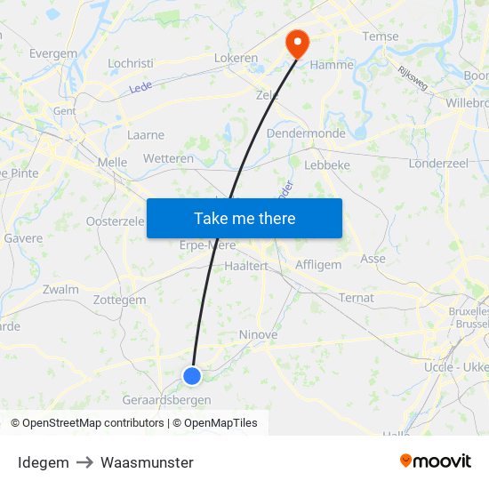 Idegem to Waasmunster map