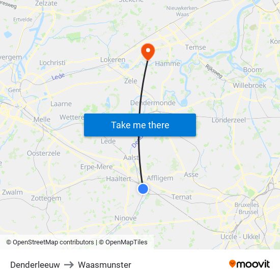 Denderleeuw to Waasmunster map