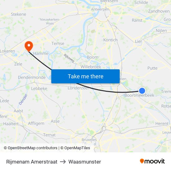 Rijmenam Amerstraat to Waasmunster map