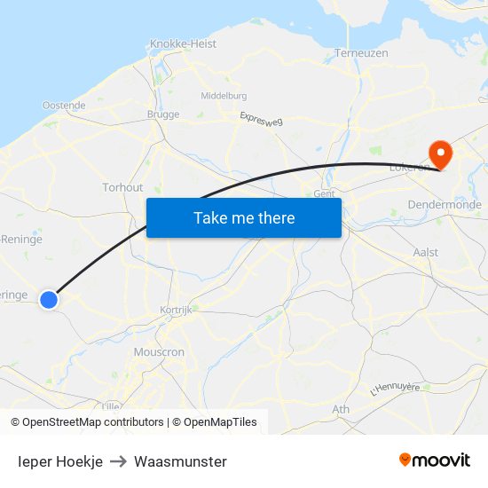 Ieper Hoekje to Waasmunster map