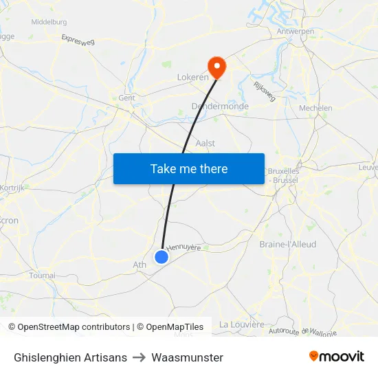 Ghislenghien Artisans to Waasmunster map