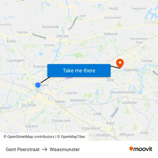 Gent Peerstraat to Waasmunster map