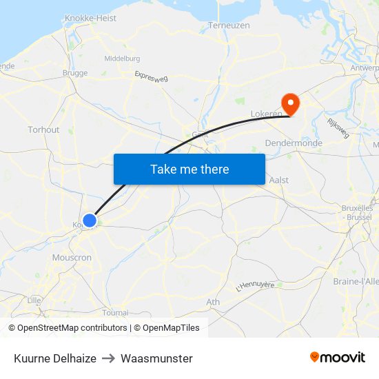 Kuurne Delhaize to Waasmunster map