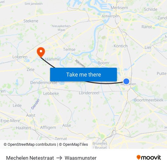 Mechelen Netestraat to Waasmunster map