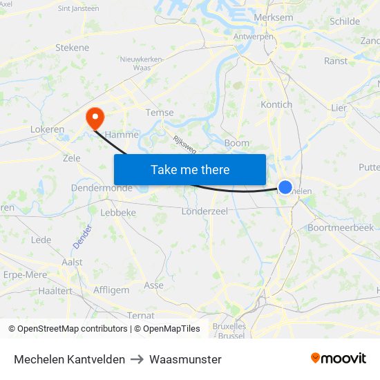 Mechelen Kantvelden to Waasmunster map