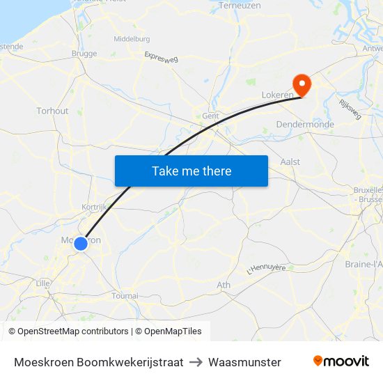 Moeskroen Boomkwekerijstraat to Waasmunster map