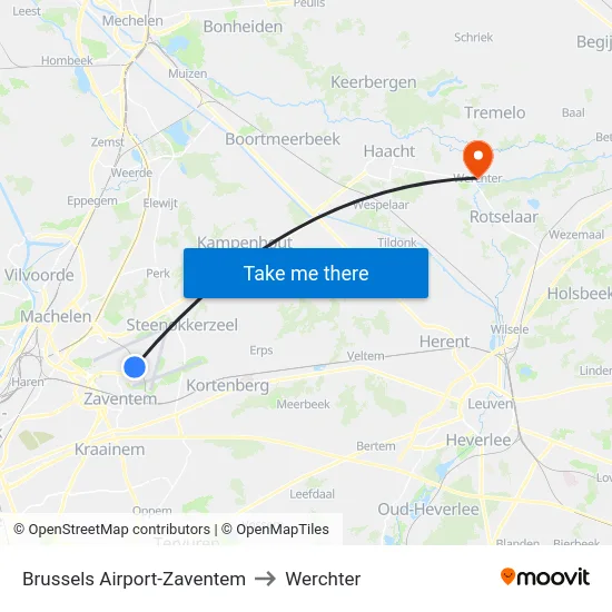 Brussels Airport-Zaventem to Werchter map